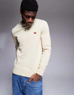 HUGO Red San Cassius Knitted Crew Neck Jumper In Beige For Men Open Beige