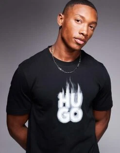 HUGO Red Delayer Chest Print T-shirt With Smoked Stacked Logo In Black For Men -Hugoro Store 207343211 1 black 1