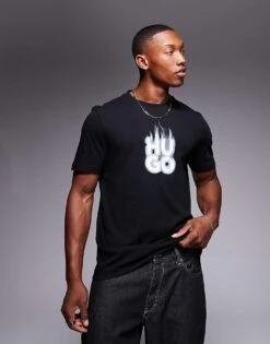 HUGO Red Delayer Chest Print T-shirt With Smoked Stacked Logo In Black For Men -Hugoro Store 207343211 2