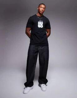 HUGO Red Delayer Chest Print T-shirt With Smoked Stacked Logo In Black For Men -Hugoro Store 207343211 4