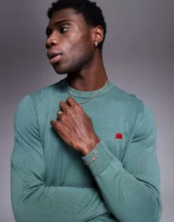 HUGO Red San Cassius Knitted Crew Neck Jumper In Green For Men Open Green