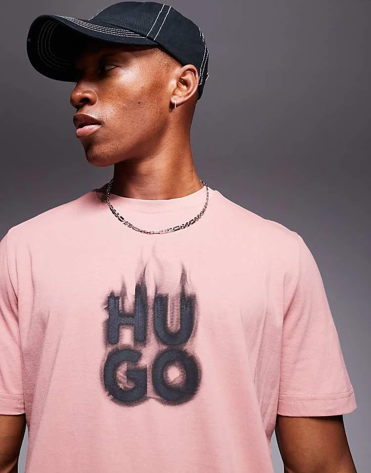 HUGO Red Delayer Chest Print T-shirt With Smoked Stacked Logo In Pink For Men Open Pink 2 HUGO Red Delayer Chest Print T-shirt With Smoked Stacked Logo In Pink For Men Open Pink - Image 2