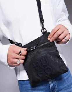 HUGO Red Malick Stacked Logo Crossbody Bag In Black For Men