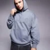 HUGO Red Oversized Ditchle Large Chest Logo Hoodie In Grey For Men Open Grey