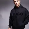 HUGO Red Oversized Ditchle Large Chest Logo Hoodie In Black For Men