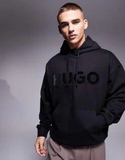 HUGO Red Oversized Ditchle Large Chest Logo Hoodie In Black For Men