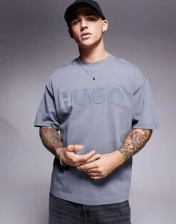 HUGO Red Dinkee Oversized Chest Logo T-shirt In Grey For Men Open Grey -Hugoro Store 207343540 1 opengrey 1