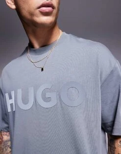 HUGO Red Dinkee Oversized Chest Logo T-shirt In Grey For Men Open Grey -Hugoro Store 207343540 3